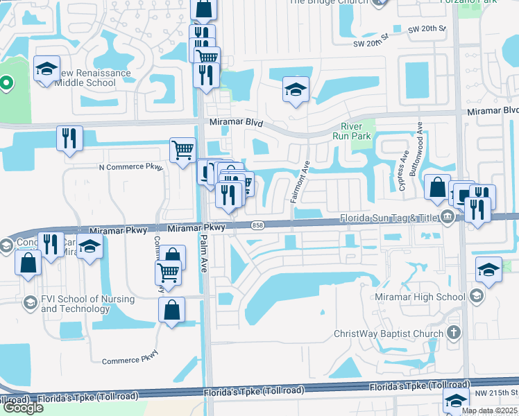 map of restaurants, bars, coffee shops, grocery stores, and more near 3261 Venice Way in Miramar