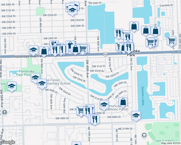 map of restaurants, bars, coffee shops, grocery stores, and more near 3910 Southwest 32nd Street in West Park