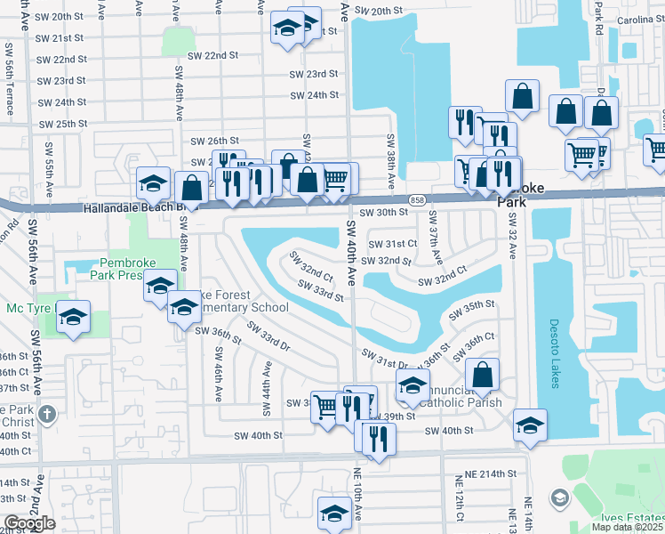 map of restaurants, bars, coffee shops, grocery stores, and more near 4030 Southwest 32nd Street in West Park