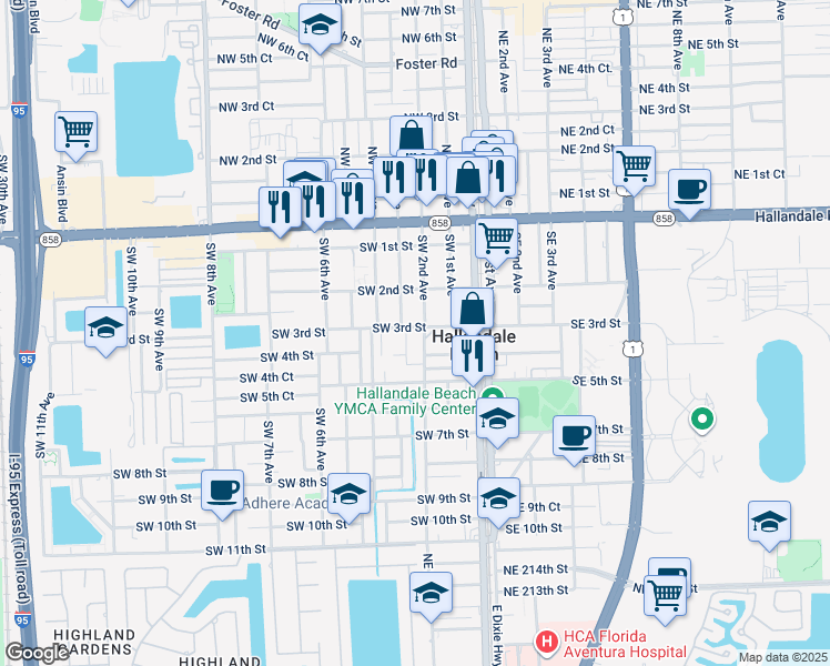 map of restaurants, bars, coffee shops, grocery stores, and more near 207 Southwest 3rd Street in Hallandale Beach