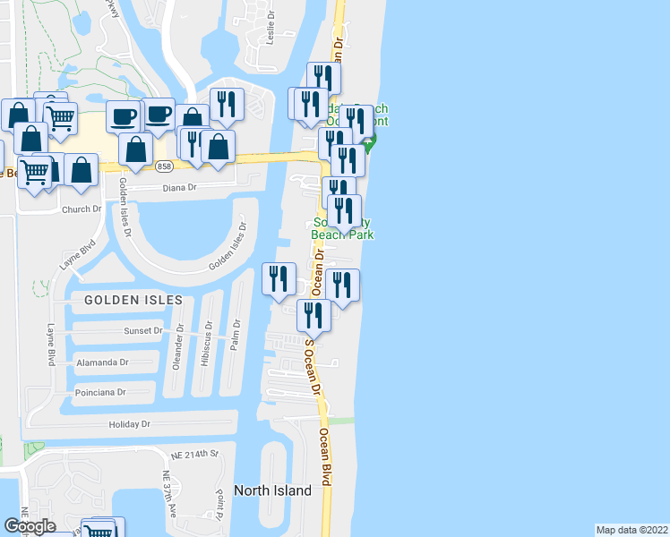 map of restaurants, bars, coffee shops, grocery stores, and more near 1920 South Ocean Drive in Hallandale Beach