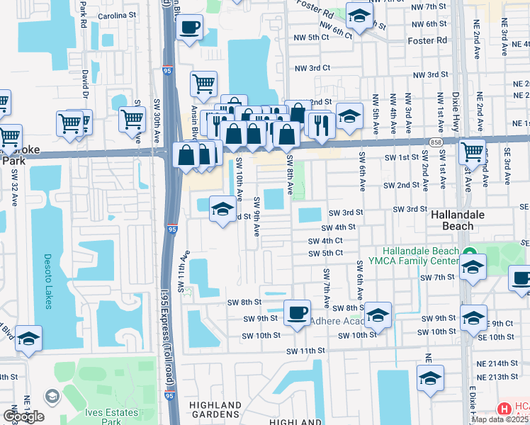 map of restaurants, bars, coffee shops, grocery stores, and more near 843 Southwest 3rd Street in Hallandale Beach