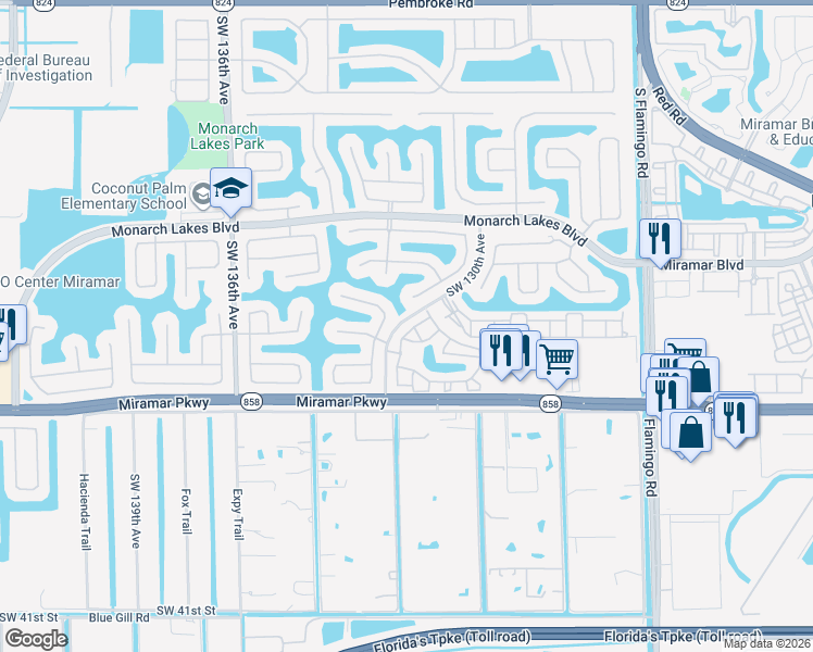 map of restaurants, bars, coffee shops, grocery stores, and more near 3046 Southwest 129th Terrace in Miramar