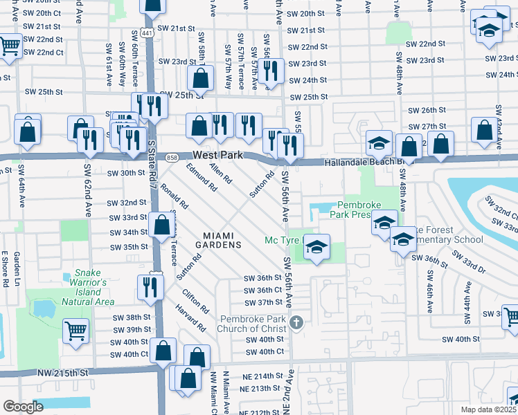 map of restaurants, bars, coffee shops, grocery stores, and more near 102 Allen Road in West Park