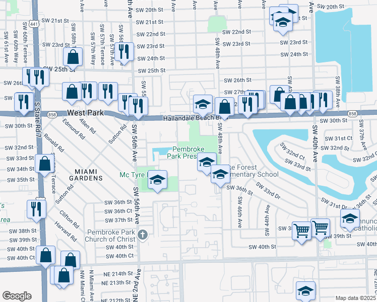 map of restaurants, bars, coffee shops, grocery stores, and more near 3115 Southwest 52nd Avenue in Pembroke Park