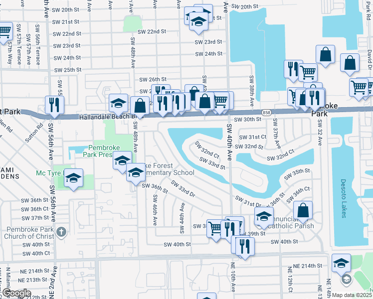 map of restaurants, bars, coffee shops, grocery stores, and more near 4340 Southwest 33rd Street in West Park