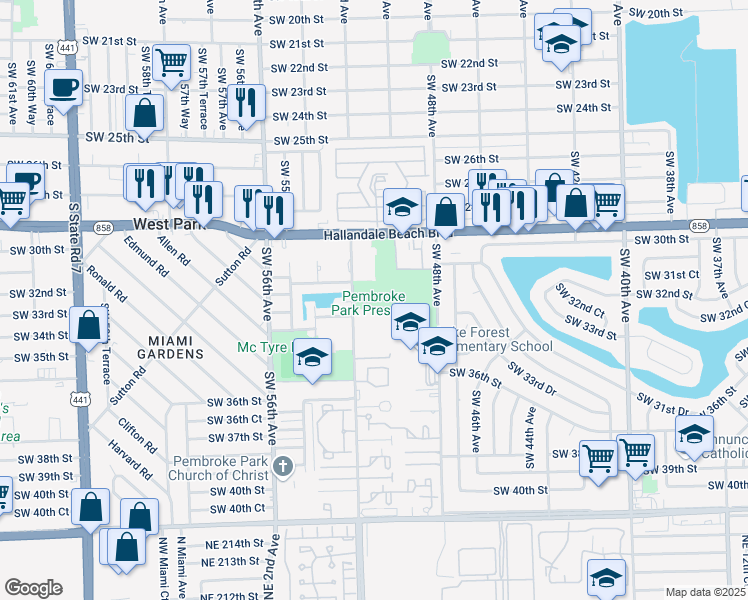 map of restaurants, bars, coffee shops, grocery stores, and more near 3115 Southwest 52nd Avenue in Pembroke Park