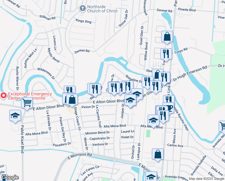 map of restaurants, bars, coffee shops, grocery stores, and more near 1381 Northridge Drive in Brownsville