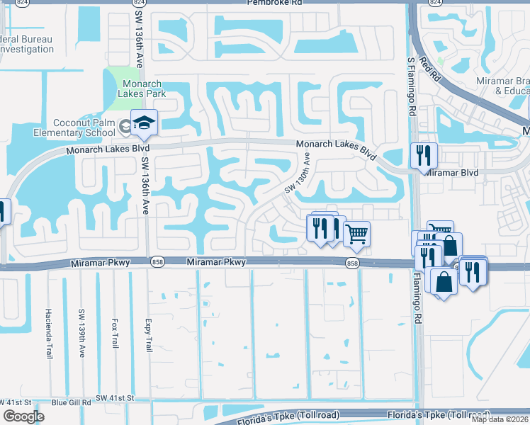 map of restaurants, bars, coffee shops, grocery stores, and more near 12990 Southwest 30th Court in Miramar