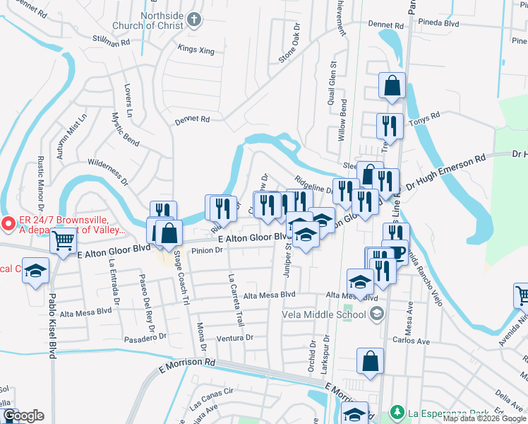 map of restaurants, bars, coffee shops, grocery stores, and more near 1381 Northridge Drive in Brownsville