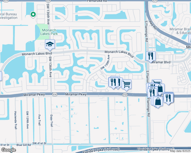 map of restaurants, bars, coffee shops, grocery stores, and more near 12990 Southwest 30th Court in Miramar