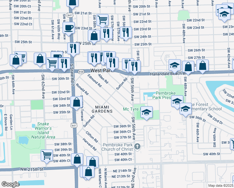 map of restaurants, bars, coffee shops, grocery stores, and more near 102 Allen Road in West Park