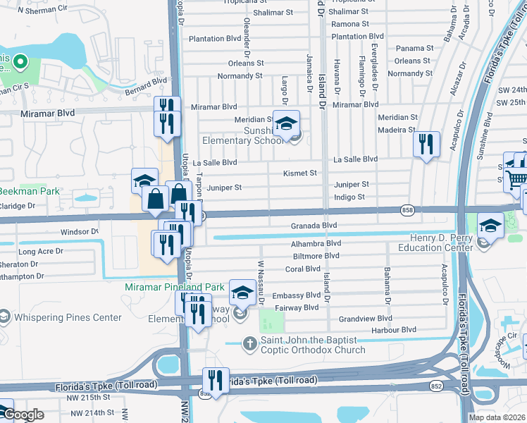 map of restaurants, bars, coffee shops, grocery stores, and more near 7812 Miramar Parkway in Miramar