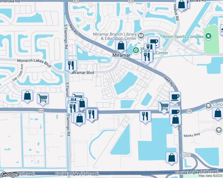 map of restaurants, bars, coffee shops, grocery stores, and more near 2853 Southwest 119th Way in Miramar
