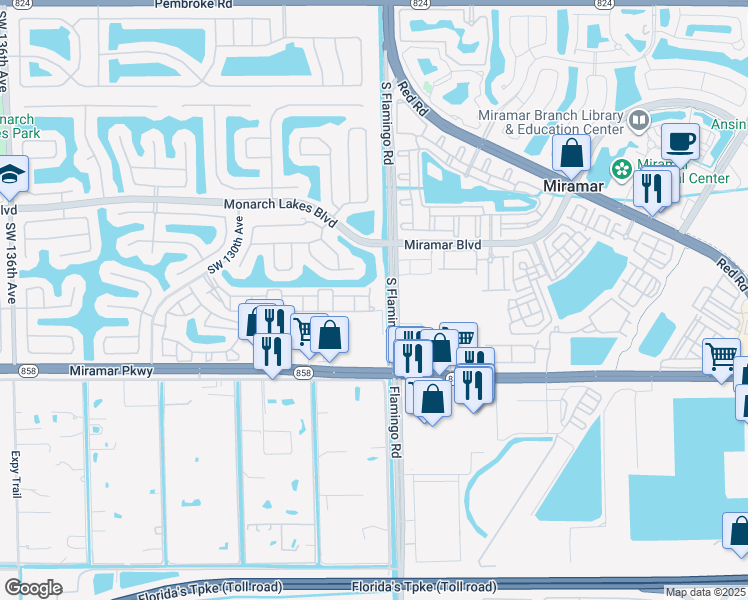 map of restaurants, bars, coffee shops, grocery stores, and more near 2887 Southwest 125th Avenue in Miramar
