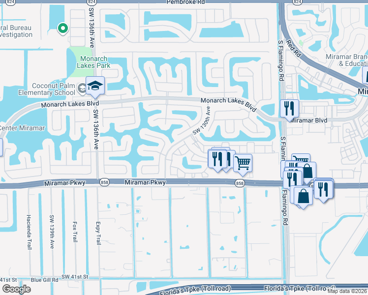 map of restaurants, bars, coffee shops, grocery stores, and more near 12990 Southwest 30th Court in Miramar