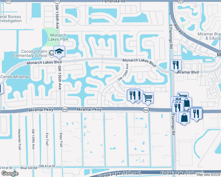 map of restaurants, bars, coffee shops, grocery stores, and more near 12990 Southwest 30th Court in Miramar