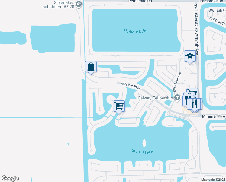 map of restaurants, bars, coffee shops, grocery stores, and more near 19270 Southwest 30th Street in Miramar
