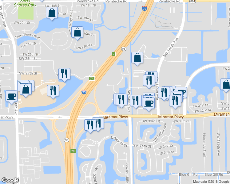 map of restaurants, bars, coffee shops, grocery stores, and more near Southwest 29th Avenue in Miramar