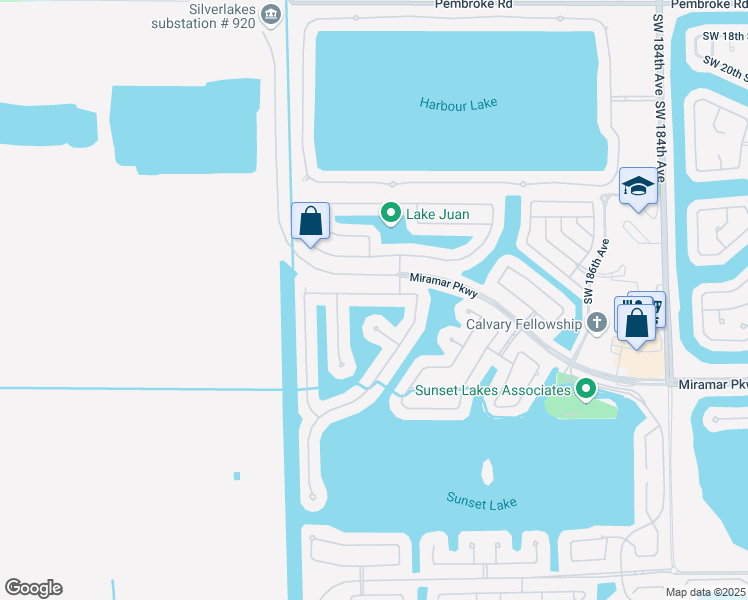 map of restaurants, bars, coffee shops, grocery stores, and more near 19270 Southwest 30th Street in Miramar