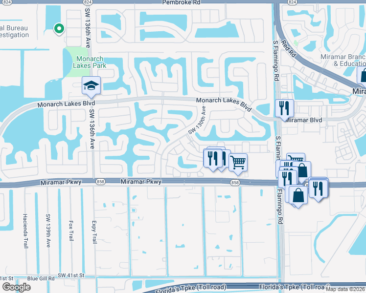 map of restaurants, bars, coffee shops, grocery stores, and more near 12962 Southwest 29th Court in Miramar