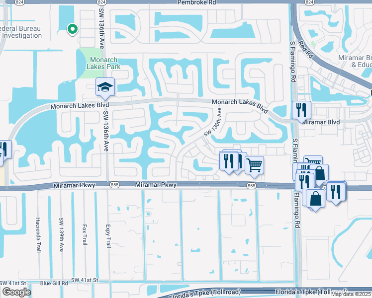 map of restaurants, bars, coffee shops, grocery stores, and more near 12990 Southwest 30th Court in Miramar