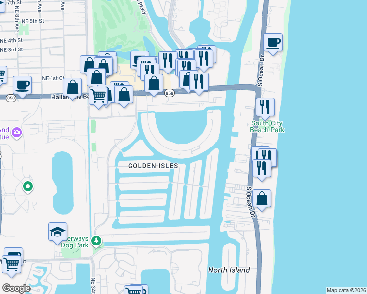 map of restaurants, bars, coffee shops, grocery stores, and more near 300 Golden Isles Drive in Hallandale Beach