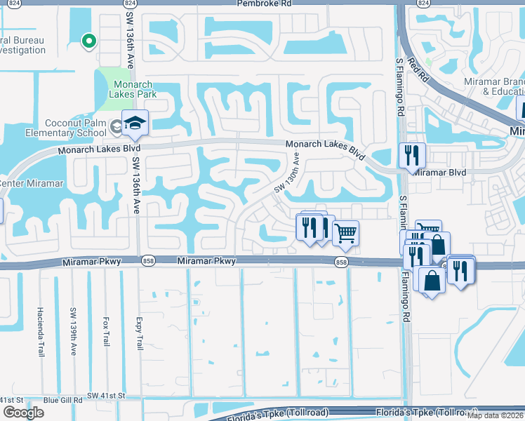 map of restaurants, bars, coffee shops, grocery stores, and more near 12990 Southwest 30th Court in Miramar