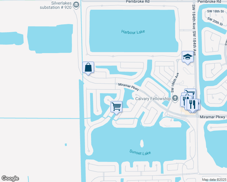 map of restaurants, bars, coffee shops, grocery stores, and more near 3010 Southwest 192nd Avenue in Miramar