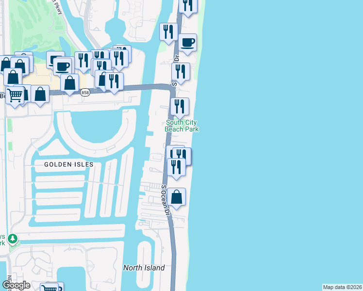 map of restaurants, bars, coffee shops, grocery stores, and more near 1912 South Ocean Drive in Hallandale Beach