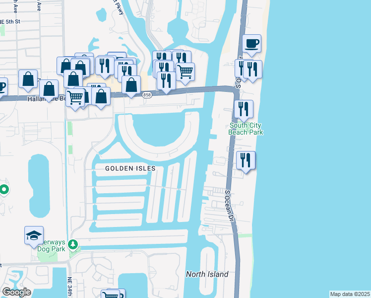 map of restaurants, bars, coffee shops, grocery stores, and more near 137 Golden Isles Drive in Hallandale Beach