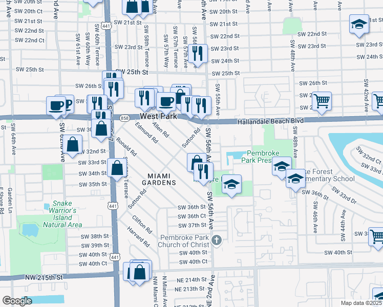 map of restaurants, bars, coffee shops, grocery stores, and more near 102 Allen Road in West Park