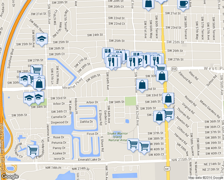 map of restaurants, bars, coffee shops, grocery stores, and more near 6390 Southwest 32nd Street in Miramar