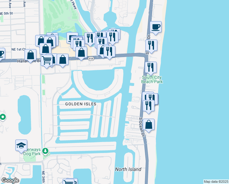 map of restaurants, bars, coffee shops, grocery stores, and more near 137 Golden Isles Drive in Hallandale Beach