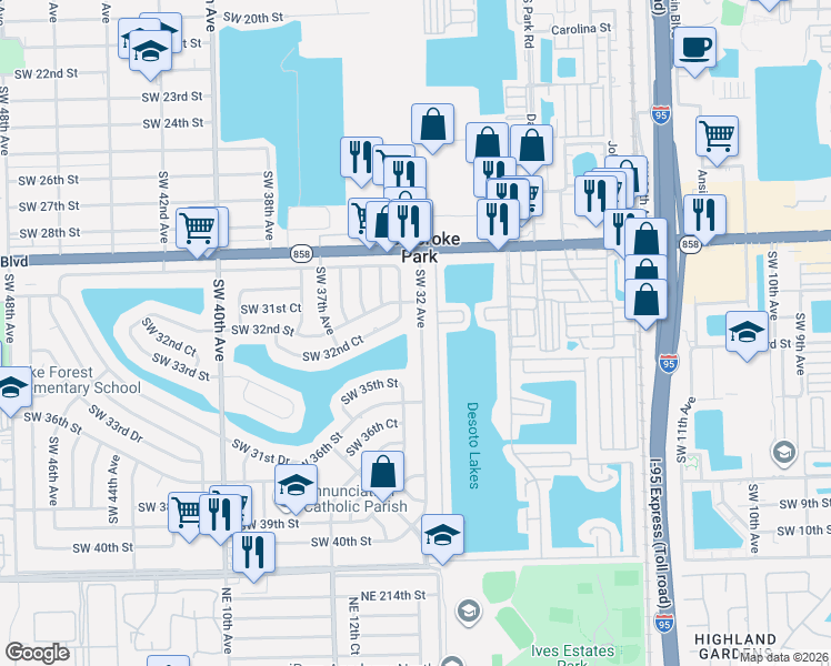 map of restaurants, bars, coffee shops, grocery stores, and more near 3311 Southwest 32 Avenue in West Park