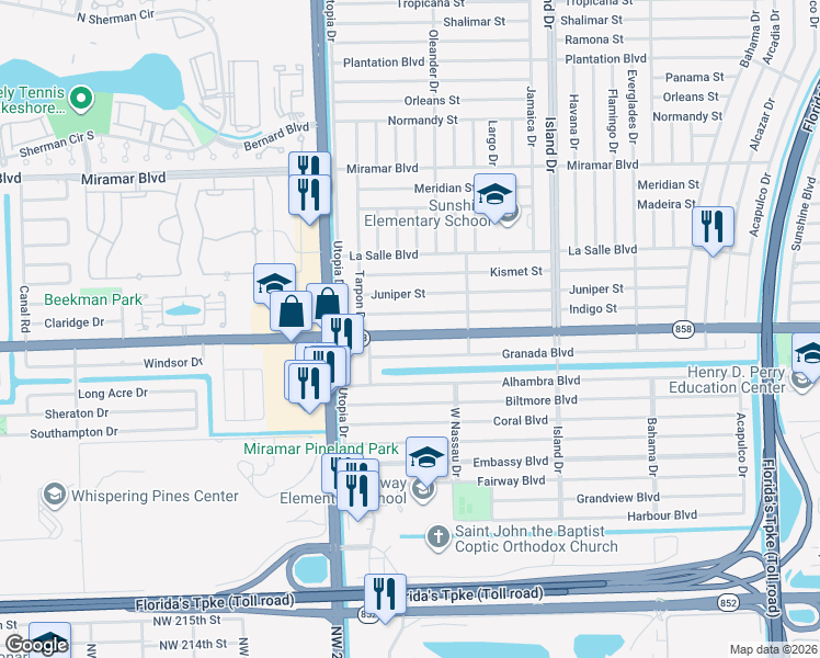 map of restaurants, bars, coffee shops, grocery stores, and more near 7905 Florida 858 in Miramar