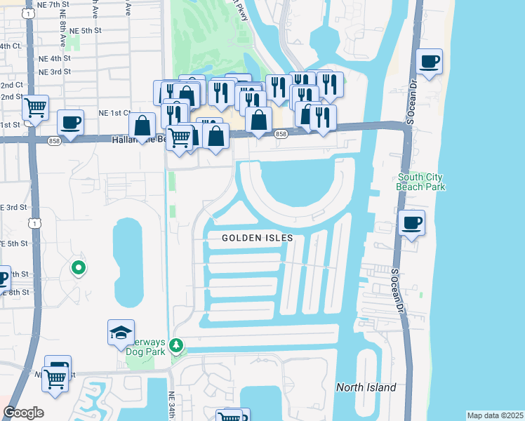 map of restaurants, bars, coffee shops, grocery stores, and more near 419 Golden Isles Drive in Hallandale Beach