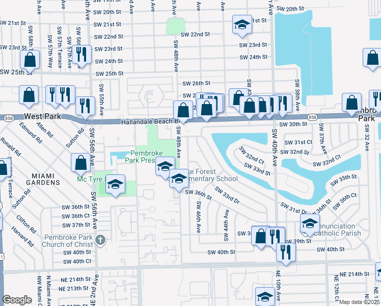 map of restaurants, bars, coffee shops, grocery stores, and more near 3221 Southwest 47th Avenue in West Park