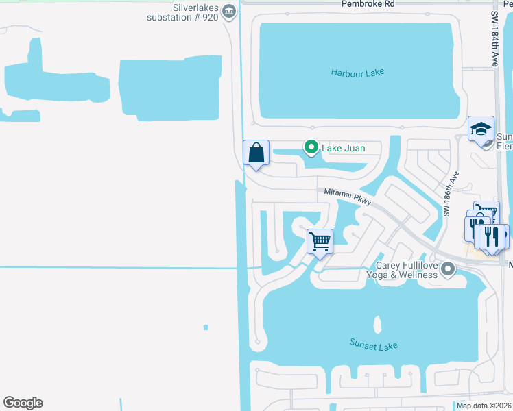 map of restaurants, bars, coffee shops, grocery stores, and more near 19450 Southwest 30th Street in Miramar