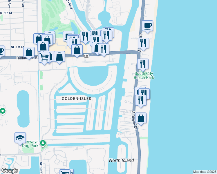 map of restaurants, bars, coffee shops, grocery stores, and more near 137 Golden Isles Drive in Hallandale Beach