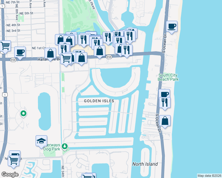 map of restaurants, bars, coffee shops, grocery stores, and more near 357 Golden Isles Drive in Hallandale Beach