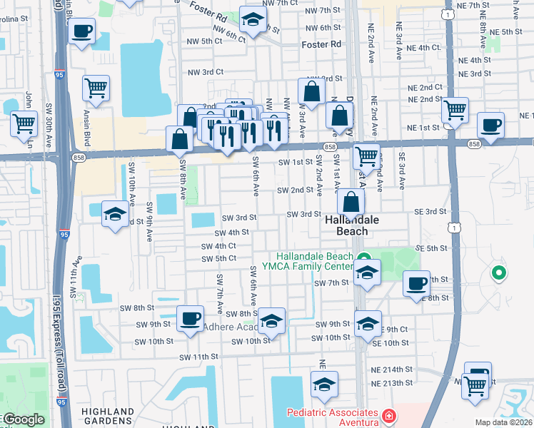 map of restaurants, bars, coffee shops, grocery stores, and more near 509 Southwest 3rd Street in Hallandale Beach