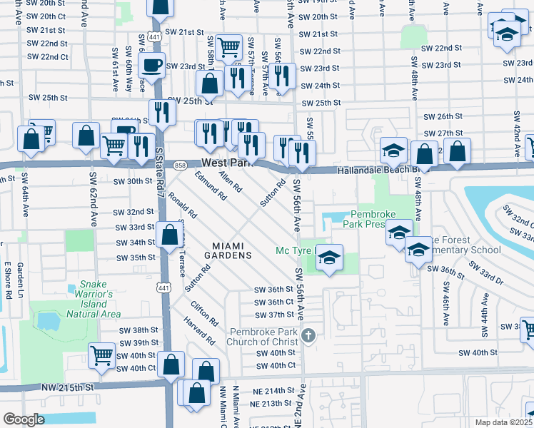 map of restaurants, bars, coffee shops, grocery stores, and more near 102 Allen Road in West Park