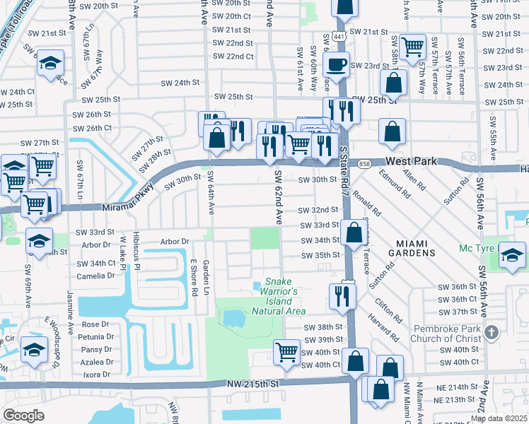 map of restaurants, bars, coffee shops, grocery stores, and more near 6217 Southwest 33rd Street in Miramar