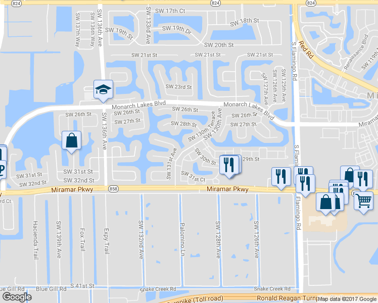 map of restaurants, bars, coffee shops, grocery stores, and more near 12990 Southwest 30th Court in Miramar
