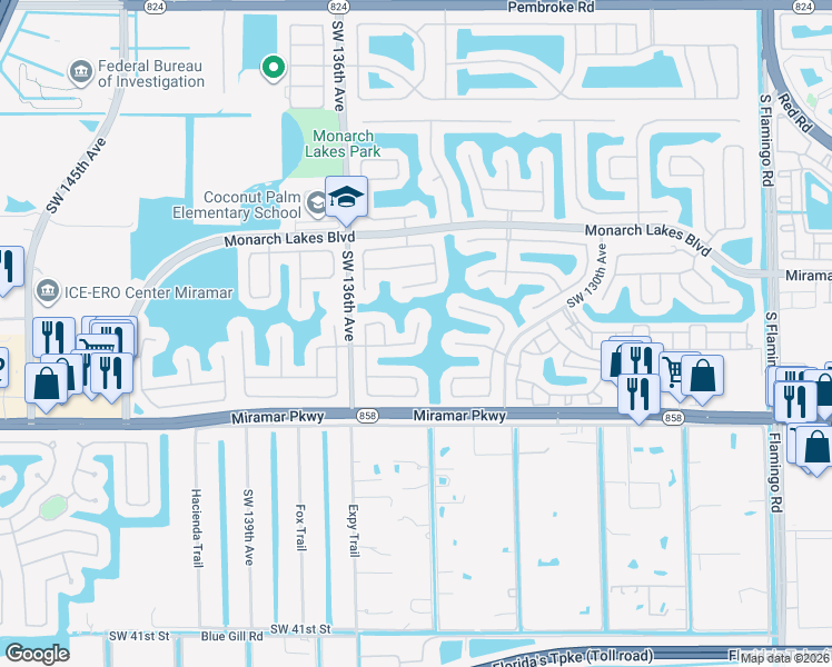 map of restaurants, bars, coffee shops, grocery stores, and more near 2981 Southwest 133rd Avenue in Miramar