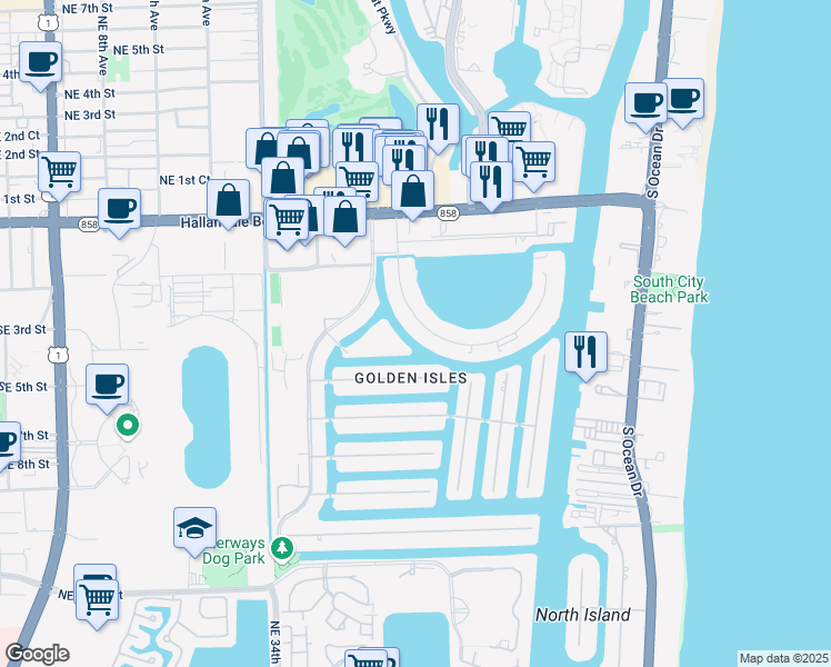 map of restaurants, bars, coffee shops, grocery stores, and more near 419 Golden Isles Drive in Hallandale Beach