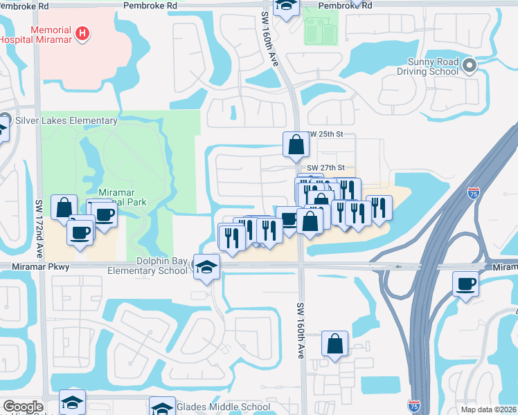 map of restaurants, bars, coffee shops, grocery stores, and more near 16329 Southwest 30th Street in Miramar