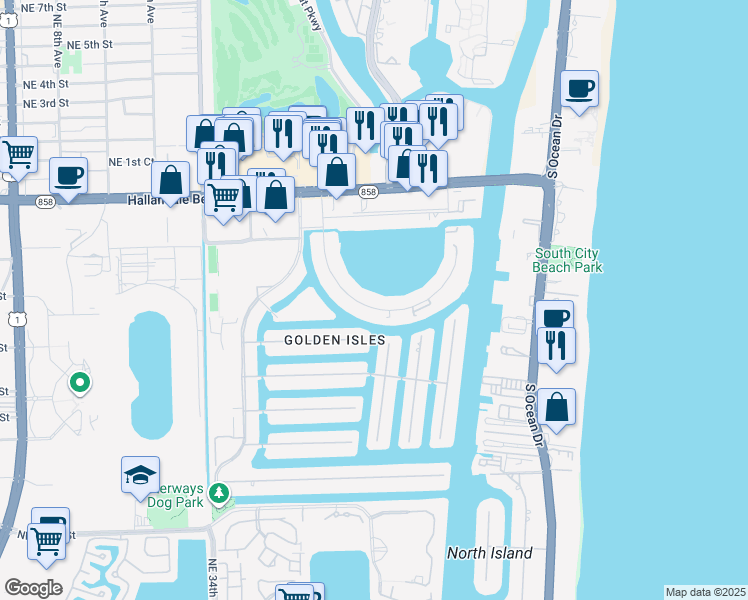 map of restaurants, bars, coffee shops, grocery stores, and more near 357 Golden Isles Drive in Hallandale Beach