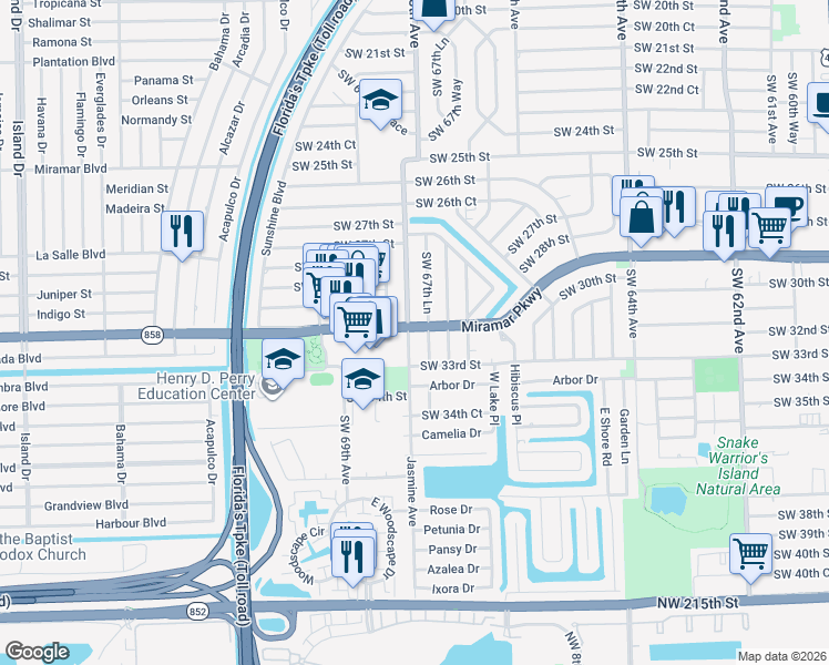 map of restaurants, bars, coffee shops, grocery stores, and more near 3111 Southwest 68th Avenue in Miramar